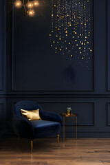 Elegant Interior Design: Playful Metallic Raindrop Artistry on a Bold Midnight Blue Wall