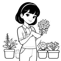 Vector illustration of a cute Florist doodle for toddlers colouring page