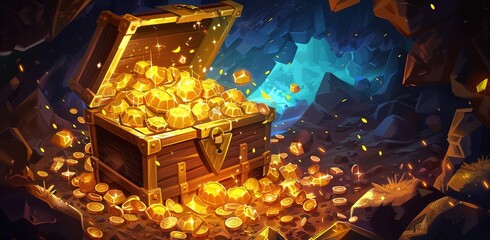 A cartoon treasure chest full of gold in the cave.