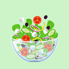 Vector illustration of Greek salad with mixed vegetables and greenery. Healthy fresh salad with tomato, cucumber, red onion, olives and feta cheese