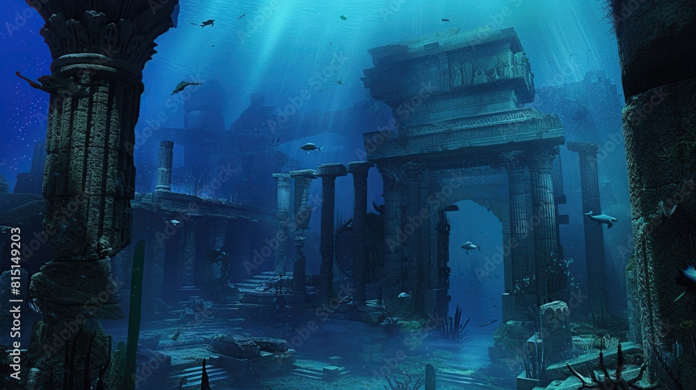 Wall mural lost city of atlantis mystique, a fantasy sea where ancient ruins and mystical sea. generative ai