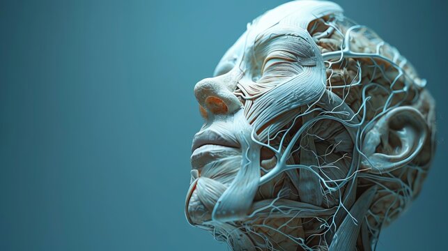 Facial Nerve Pathways, Expressive Anatomy, 3D Model  Style with copy with space