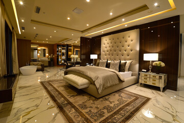A large bedroom with marble floors and a bed.