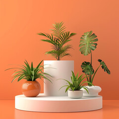 Modern Podium with plants on orange background 3D render podium
