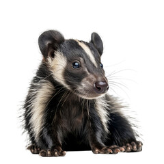 A black and white striped rat sitting in front of a plain Png background, a Beaver Isolated on a whitePNG Background