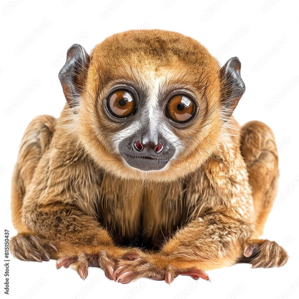 Canvas Prints a small brown lemur is seated on a plain white surface, a slow loris isolated on transparent backgro