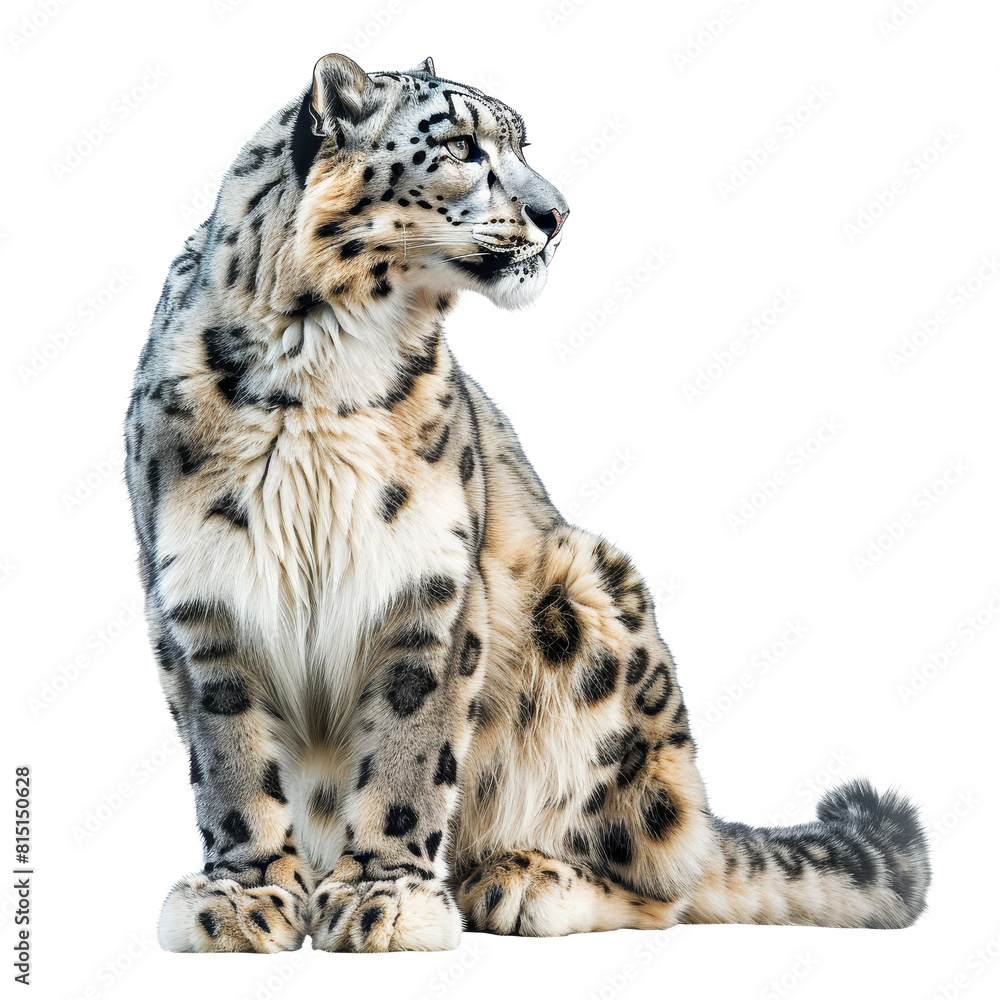 Poster a snow leopard seated in front of a png background, a snow leopard isolated on transparent backgroun