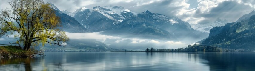 A lake nestled among towering mountains with low-hanging clouds creating a dramatic atmosphere - Powered by Adobe