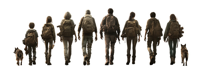 The ultimate post-apocalypse survivors mega pack. Family. Man, woman, children. Grandparents, parents, sons and daughters. Dogs. Walking away, full view, back view. Dystopian hikers - survivors.