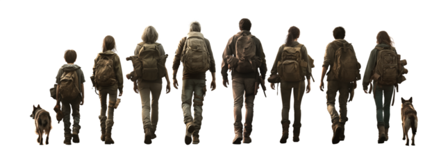 The ultimate post-apocalypse survivors mega pack. Family. Man, woman, children. Grandparents, parents, sons and daughters. Dogs. Walking away, full view, back view. Dystopian hikers - survivors.