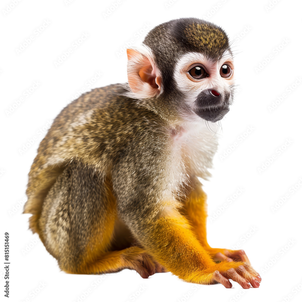 Poster a small squirrel monkey sitting calmly on a plain png background, a squirrel monkey isolated on tran