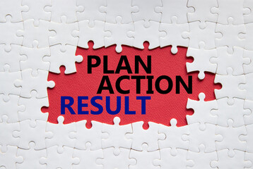 Plan Action Result symbol. Concept words Plan Action Result on white puzzle. Beautiful red background. Business concept and Plan Action Result. Copy space.