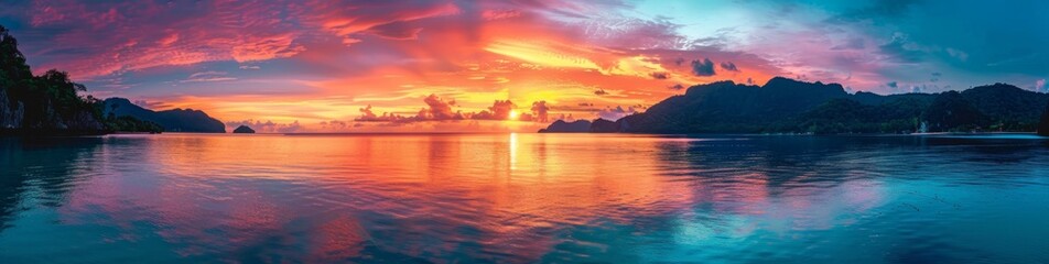 Fototapeta premium A panoramic view of the sunrise over mountains and sea, with vibrant colors reflecting on calm waters Generative AI