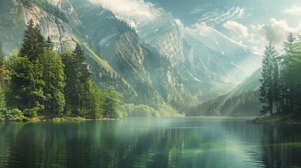 A lake with tall green trees surrounding it, and majestic mountains in the background under a clear blue sky - Powered by Adobe