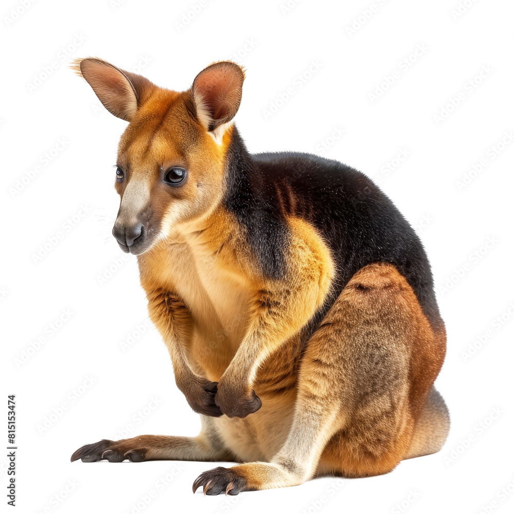 Poster a kangaroo sitting calmly in front of a plain png background, a tree kangaroo isolated on transparen