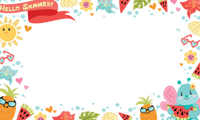 Summer cute frame with butterfly. Hello Summer concept design, abstract illustration with jungle exotic leaves, colorful design, summer background and banner.