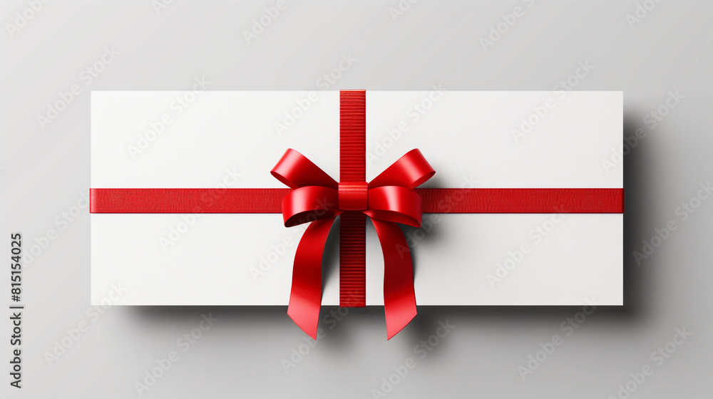 Aufkleber a white card with a red bow on it. the card is rectangular and has a red ribbon tied around it