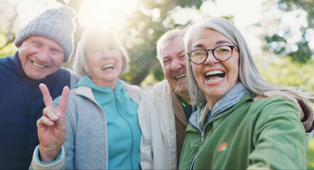 Peace sign selfie, face and senior happy friends bond together with reunion memory photo of old...