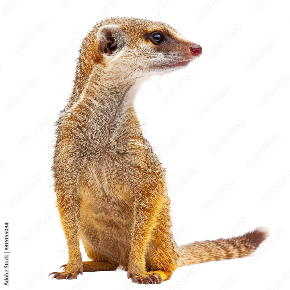 Poster a meerkat is seated in front of a plain png background, a yellow mongoose isolated on transparent ba