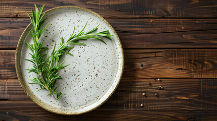 Plate and rosemary parsley herbs on the wooden