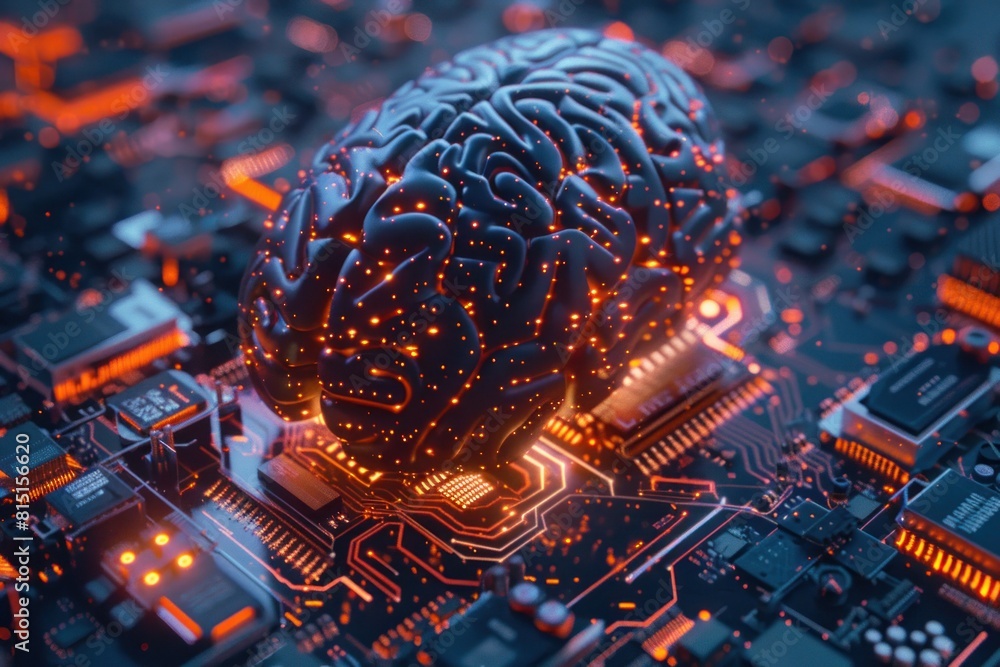 Poster a computer chip with a brain on it. brain glows orange futuristic concept