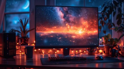 PC desk setup with view galaxy