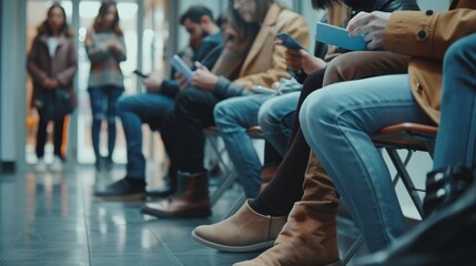 People waiting in line for an appointment, a job interview, or a work meeting. Couple sitting in corridor reading, using different devices. Shot of lower legs.