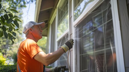 A man in an orange shirt diligently cleans the exterior of a home window, surrounded by greenery on a bright day.