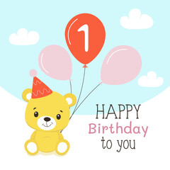Happy birthday 1 years old. Children's greeting card with a cute teddy bear