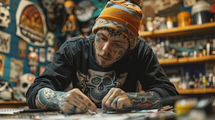 A tattoo artist working on a punkinspired skeleton tattoo, in a shop filled with punk rock memorabilia