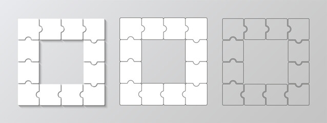Puzzle square grid solid and outline. Jigsaw puzzle business presentation. Square info graphic with 12 pieces, parts of process diagram. Business presentation for infographics. Vector illustration