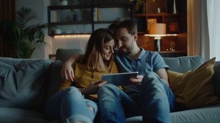 Obraz premium A young, happy family resting on the couch watching video or talking on video call at home using tablet PC for internet and social media.