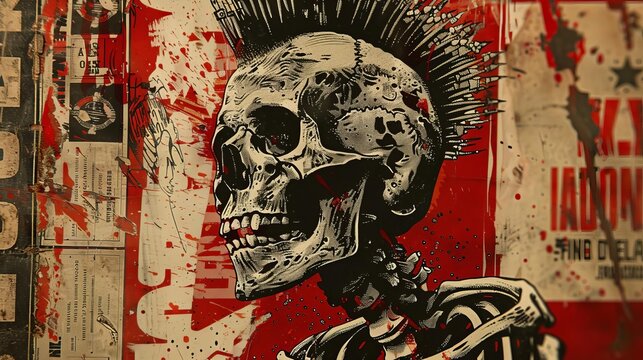 A vintage punk poster featuring a skeleton with a mohawk, surrounded by concert dates and band names