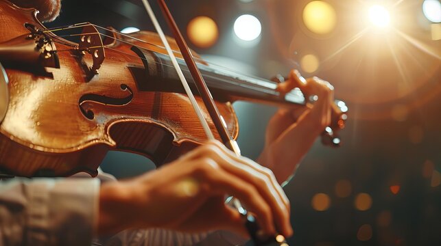 A violinist playing a classical music piece on a vintage violin under a spotlight on a dark stage