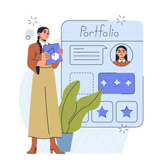 Woman presenting a digital portfolio on a screen, flat vector illustration isolated on a white background, concept of online resume.
