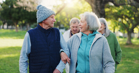 Nature, walk and senior couple of friends bond, support and travel together for retirement...
