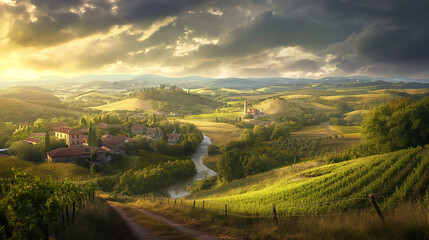 a scene reminiscent of Leonardo da Vinci's style, depicting a serene countryside with rolling...