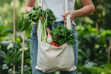 Midsection of woman holding re-usable cloth bag filled with organic vegetables from farmers market or garden, Organic summer produce concept, Generative AI