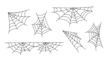 Spider webs set simple hand drawn vector outline illustration of doodle fancy Halloween scary decor elements, clipart perfect for Halloween party design, cartoon spooky character