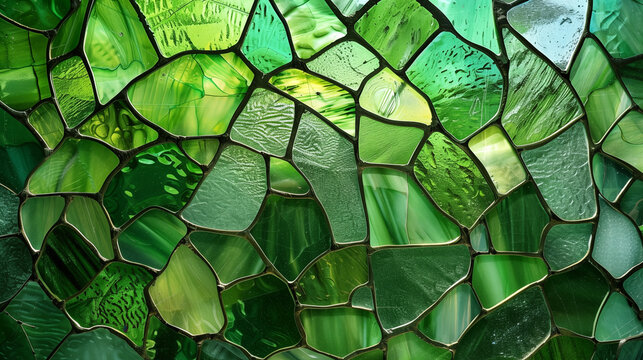 Stained glass surfaces in cool green hues as a mosaic