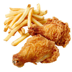 Fried chicken and french fries placed neatly on a Png background, fried chicken with fries isolated on transparent background