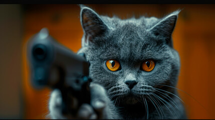 cat looking down from a frontal perspective, holding a pistol at the camera, with angry facial expressions.