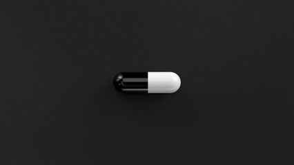 White black single pill isolated on a black background. Tablet, pill capsule top view, flat lay. 3d render illustration
