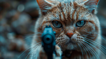 cat looking down from a frontal perspective, holding a pistol at the camera, with angry facial expressions.