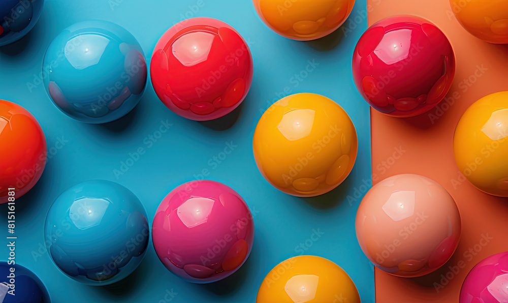 Poster vibrant billiard balls on a table, close up top view with ample space for text placement