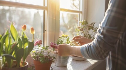 A person is tending to a window sill with several potted plants. The plants are of various sizes and colors, and the person is carefully tending to them. Concept of care and attention to detail