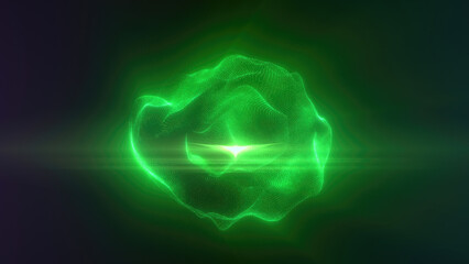 Green energy magic sphere round high-tech digital ball core of light rays waves lines and energy particles. Abstract background