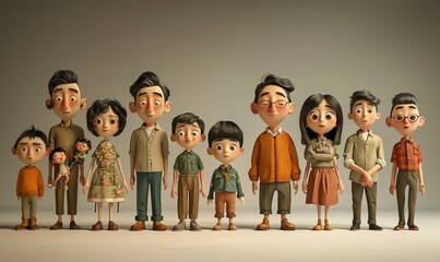 Cartoon concept of an American family of 11 children, father and mother funny, background pale gray
