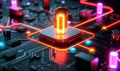 abstract illustration of colorful neon circuit with glowing orange lamp on black surface
