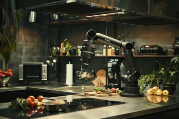 A kitchen with a robot arm reaching for food
